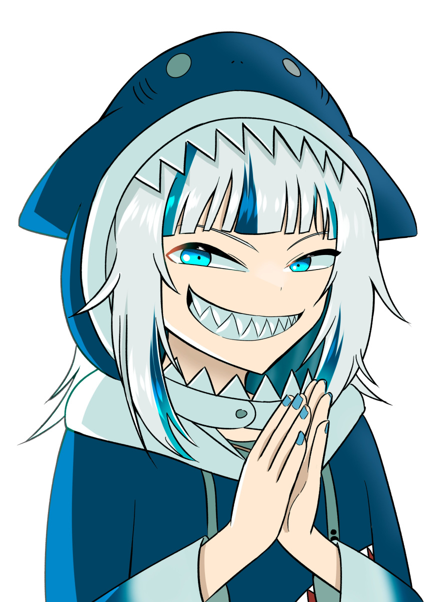 1girl absurdres animal_hood blue_eyes blue_sweater evil_grin evil_smile gawr_gura grey_hair grin highres hood looking_at_viewer rubbing_hands_together scheming shark_hood sharp_teeth short_hair smile sweater teeth zeon_(zzeeonn)