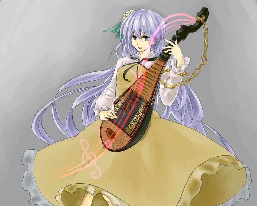 biwa_lute chain eechee grey_background hair_ornament instrument long_hair lute_(instrument) musical_note open_mouth purple_eyes purple_hair solo staff_(music) touhou tsukumo_benben