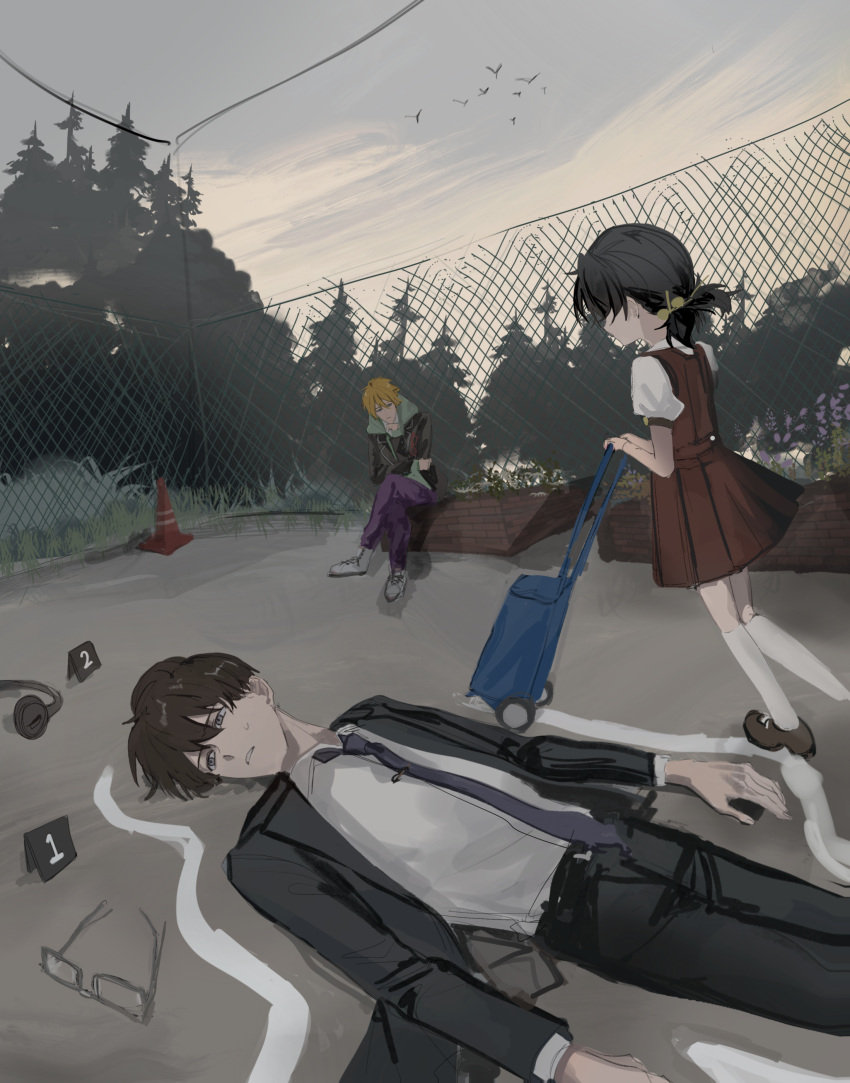 1girl 2boys absurdres bird black_hair black_hoodie black_jacket black_pants blonde_hair blue_necktie brown_footwear brown_hair chain-link_fence chalk_outline commentary crime_scene crossed_legs dress fence glasses gureru_(r_grey1204) hair_bobbles hair_ornament headphones highres hiyama_kiyoteru hood hoodie jacket kaai_yuki kneehighs long_sleeves low_twintails minase_kou multiple_boys necktie on_ground pants pinafore_dress puffy_short_sleeves puffy_sleeves purple_pants red_dress shirt short_hair short_sleeves sitting sleeveless sleeveless_dress socks sweatdrop traffic_cone tree twintails unworn_eyewear unworn_headphones vocaloid voiceroid white_shirt white_socks