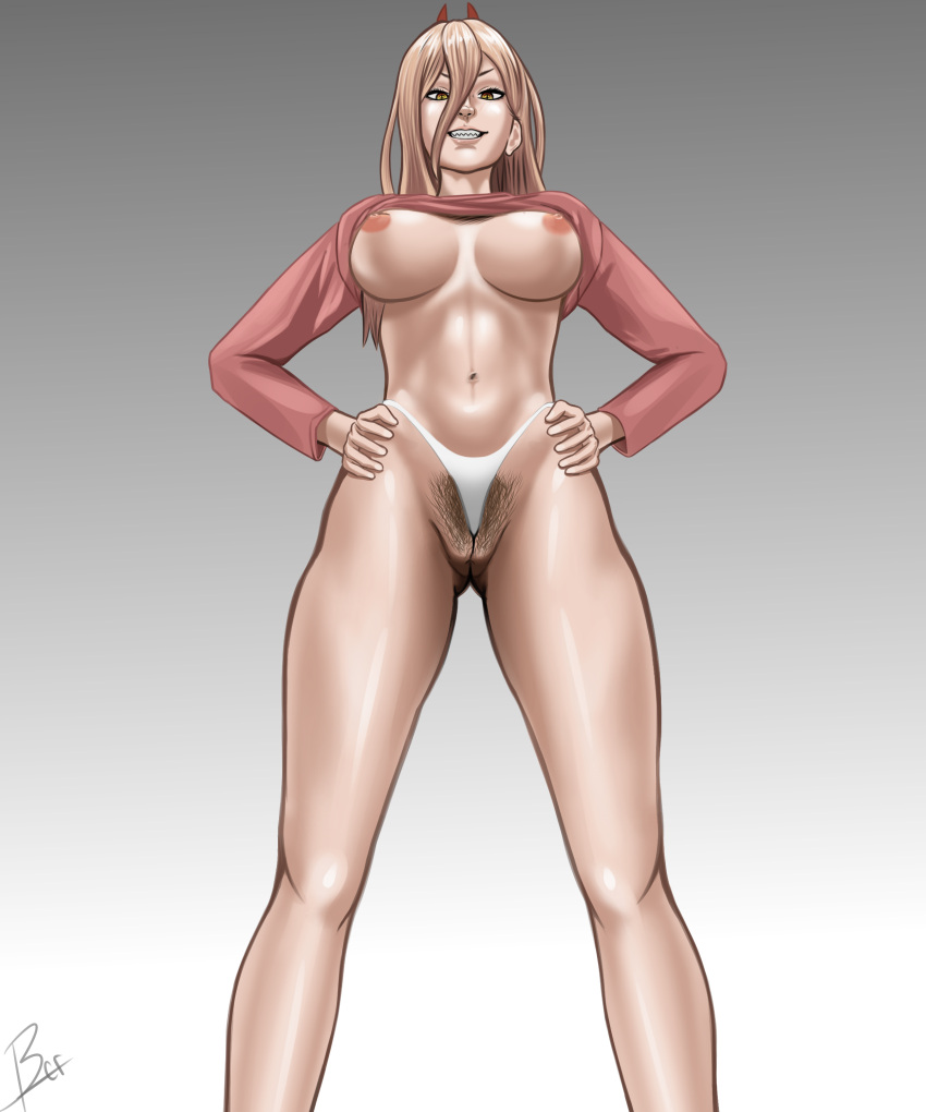 absurd_res areola big_breasts blonde_hair breasts chainsaw_man chocoflan clothed clothing exposed_breasts eyelashes female genitals grey_background hair hi_res horn horned_humanoid humanoid long_hair looking_at_viewer low-angle_view navel nipples pink_areola pink_clothing pink_nipples pink_topwear power_(chainsaw_man) pubes pupils pussy pussy_floss raised_clothing raised_topwear red_horn sharp_teeth simple_background smile tan_body tan_skin teeth thick_thighs thong topwear underwear unusual_pupils white_background white_clothing white_thong white_underwear wide_hips yellow_eyes