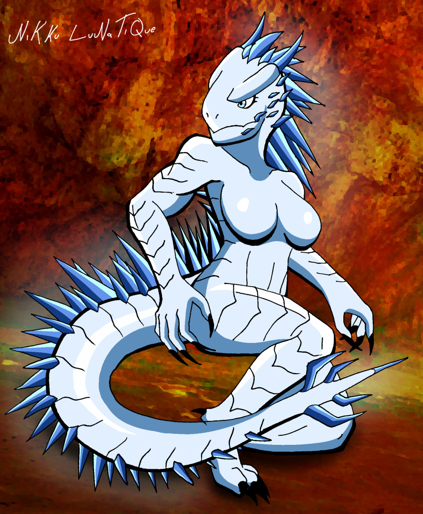 anthro areola athletic athletic_female biceps big_breasts biped blue_eyes breasts claws curvy_figure digitigrade female glowing glowing_spikes godzilla_(series) hi_res kaiju monster monsterverse muscular muscular_female muscular_thighs nikku_lunatique nude scales scalie shimo_(kaiju) solo spikes spikes_(anatomy) tail thick_thighs toho white_body white_scales wide_hips