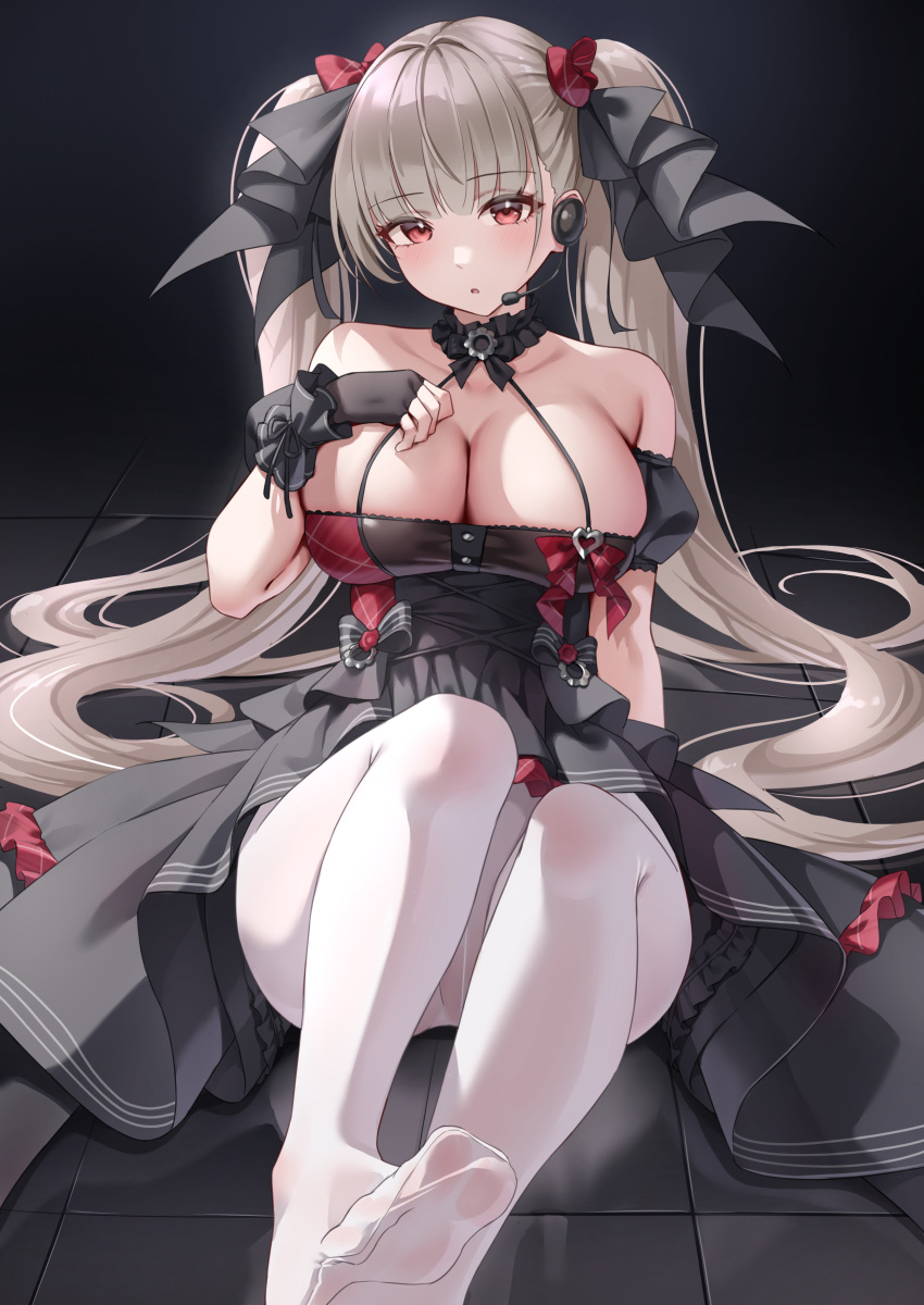 1girl absurdres alternate_costume azur_lane bare_shoulders black_dress black_gloves blush breasts classic_(zildjian33) cleavage collarbone commentary_request dark_background detached_sleeves dress earpiece fingerless_gloves formidable_(azur_lane) formidable_(muse)_(azur_lane) gloves hair_ornament hand_on_own_chest highres large_breasts light_brown_hair long_hair looking_at_viewer open_mouth paid_reward_available pantyhose puffy_sleeves red_eyes simple_background sitting soles solo tile_floor tiles twintails very_long_hair white_pantyhose