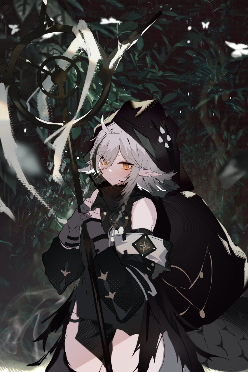 1girl absurdres ahoge arknights bare_shoulders black_shirt black_thighhighs blush bug butterfly closed_mouth cowboy_shot crocodilian_tail flower forest gloves goggles goggles_around_neck grey_gloves grey_hair highres holding holding_staff hood hood_up hooded_shirt large_tail looking_at_viewer nature orange_eyes partially_fingerless_gloves pointy_ears shirt solo soukou_makura staff tail thick_thighs thighhighs thighs tomimi_(arknights) torn_clothes torn_thighhighs white_flower
