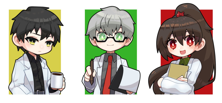 1girl 2boys ayin_(project_moon) benjamin_(project_moon) black_shirt brown_hair carmen_(project_moon) closed_mouth coat collared_shirt cup glasses green_eyes green_shirt grey_shirt high_ponytail highres holding holding_cup holding_pen lab_coat lobotomy_corporation long_hair looking_at_viewer multiple_boys open_mouth patrasche_1599 pen project_moon red_eyes shirt simple_background smile very_long_hair white_background white_coat yellow_eyes