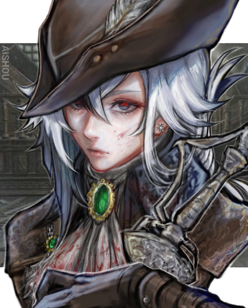 1girl absurdres ai_shou arlecchino_(genshin_impact) ascot black_hat blood blood_on_clothes bloodborne brooch commentary cosplay earrings genshin_impact grey_ascot grey_hair hair_between_eyes hat highres jewelry lady_maria_of_the_astral_clocktower lady_maria_of_the_astral_clocktower_(cosplay) medium_hair solo tricorne upper_body