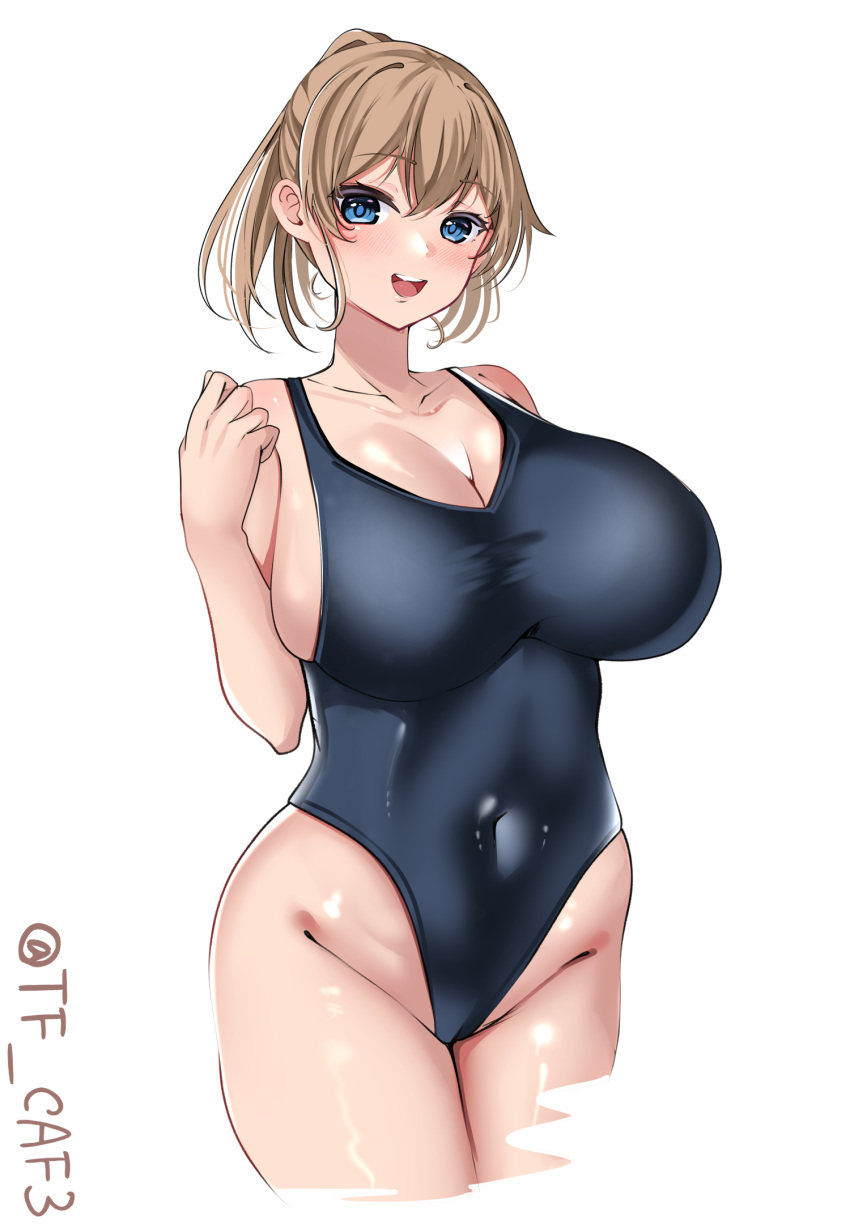 1girl alternate_costume black_one-piece_swimsuit blue_eyes blush breasts brown_hair cowboy_shot highres huge_breasts intrepid_(kancolle) kantai_collection looking_at_viewer navel one-hour_drawing_challenge one-piece_swimsuit open_mouth ponytail short_hair simple_background smile solo swimsuit tf_cafe twitter_username white_background