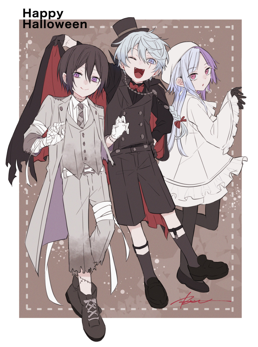 3boys :o absurdres bandaged_arm bandages black_hair black_hat black_socks bungou_stray_dogs business_suit cape collared_shirt full_body fyodor_dostoyevsky_(bungou_stray_dogs) grey_vest halloween_costume hat highres multicolored_hair multiple_boys necktie nikolai_gogol_(bungou_stray_dogs) open_mouth purple_eyes r1kuuw sharp_teeth shirt shoes short_hair sigma_(bungou_stray_dogs) smile socks split-color_hair suit teeth top_hat undershirt vest white_hair