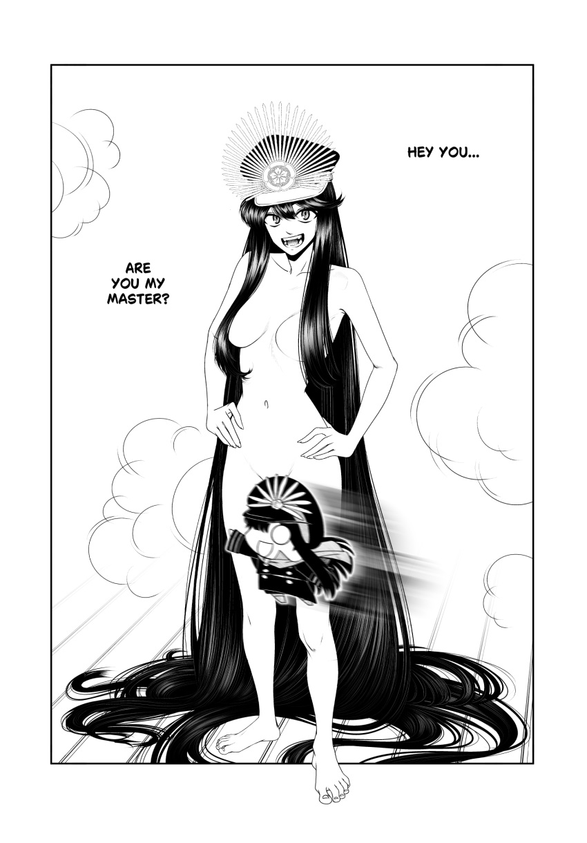 1girl :d barefoot breasts censored commentary completely_nude english_commentary english_text fate_(series) greyscale groin hands_on_own_hips hat highres koha-ace kusujinn long_hair looking_at_viewer mini_nobu_(fate) monochrome navel novelty_censor nude oda_nobunaga_(fate) oda_nobunaga_(koha-ace) smile solo teeth very_long_hair