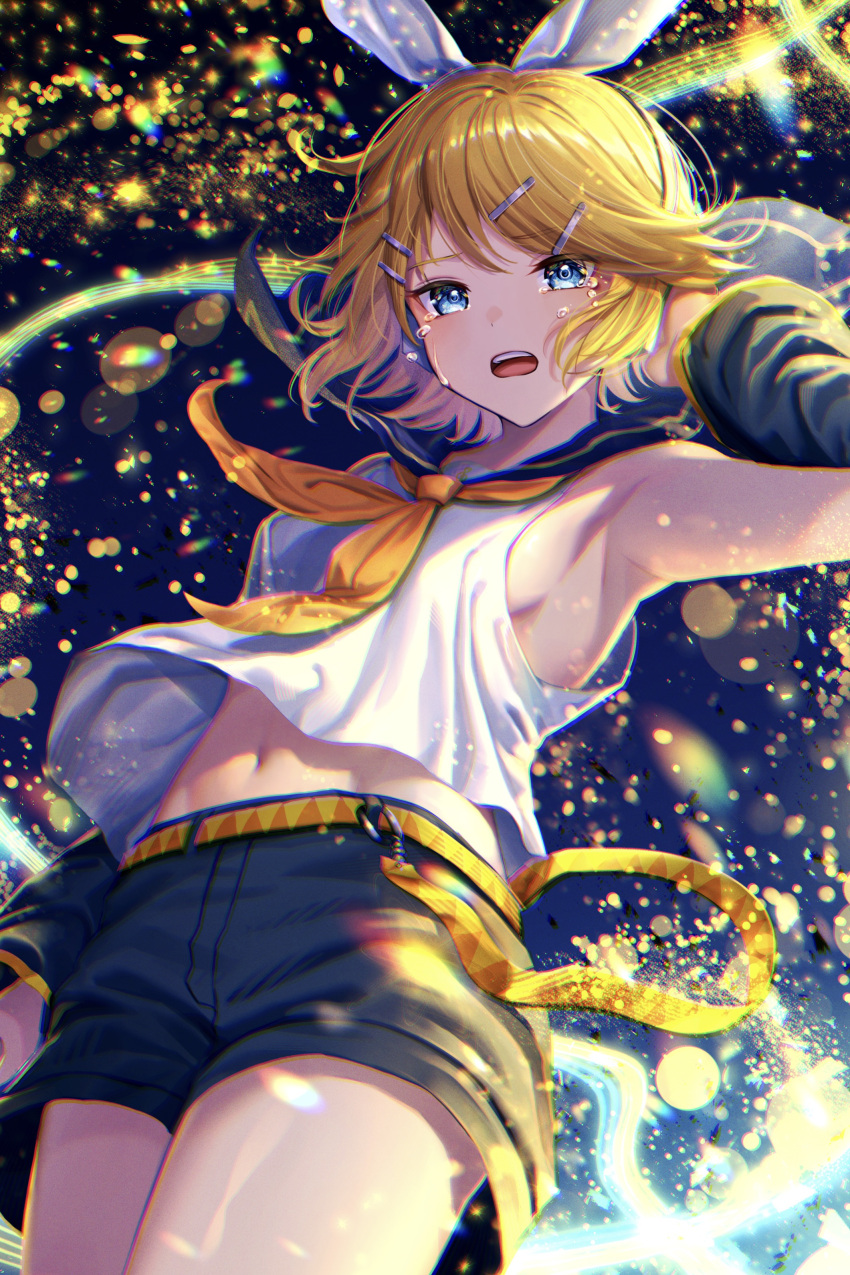 1girl absurdres aqua_eyes armpits black_shorts blonde_hair blue_eyes bow breasts hair_ornament hair_ribbon hairclip hand_in_own_hair headphones highres kagamine_rin ko_shirogane looking_at_viewer navel necktie open_mouth ribbon sailor_collar shirt short_hair shorts sideboob standing tears thighs vocaloid yellow_necktie