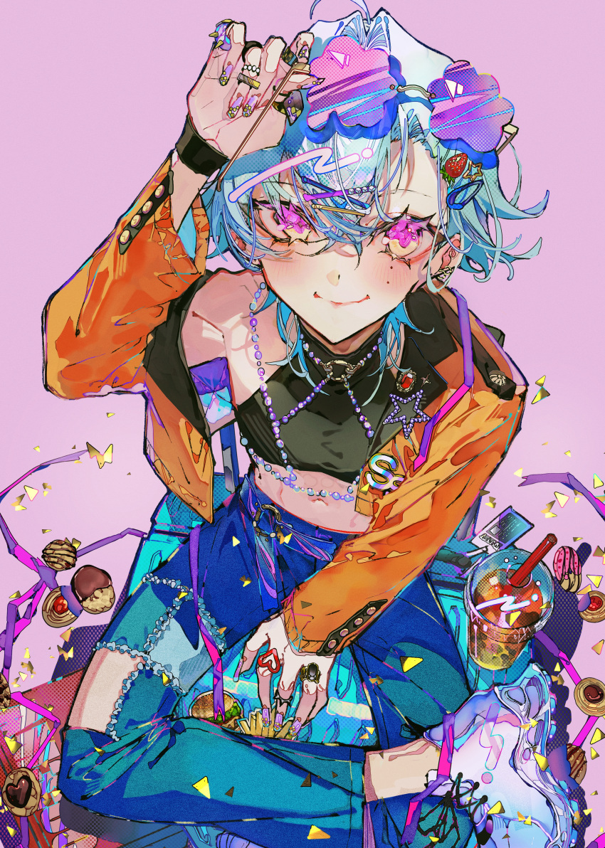 1boy absurdres burger cookie denim food french_fries glasses highres jacket jeans jewelry light_smile looking_at_viewer mura_karuki navel official_art orange_jacket original pants pink_background purple_eyes ring smile solo tagme underwear