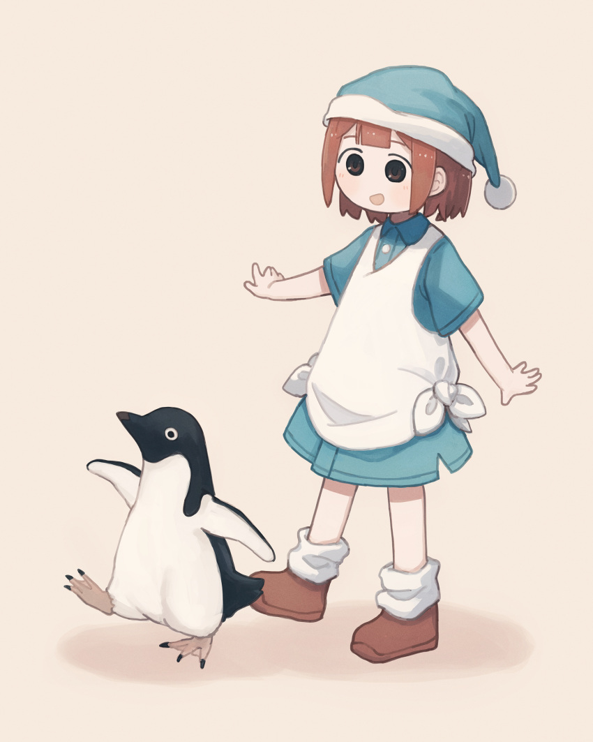 1girl absurdres adelie_penguin apron bird blue_dress blue_hat brown_background brown_eyes brown_footwear brown_hair dress following full_body futami_ya hat highres light_blush looking_at_animal loose_socks nightcap open_mouth original outstretched_arms penguin pom_pom_(clothes) shoes short_dress short_hair short_sleeves simple_background smile socks solo spread_arms walking white_apron white_socks