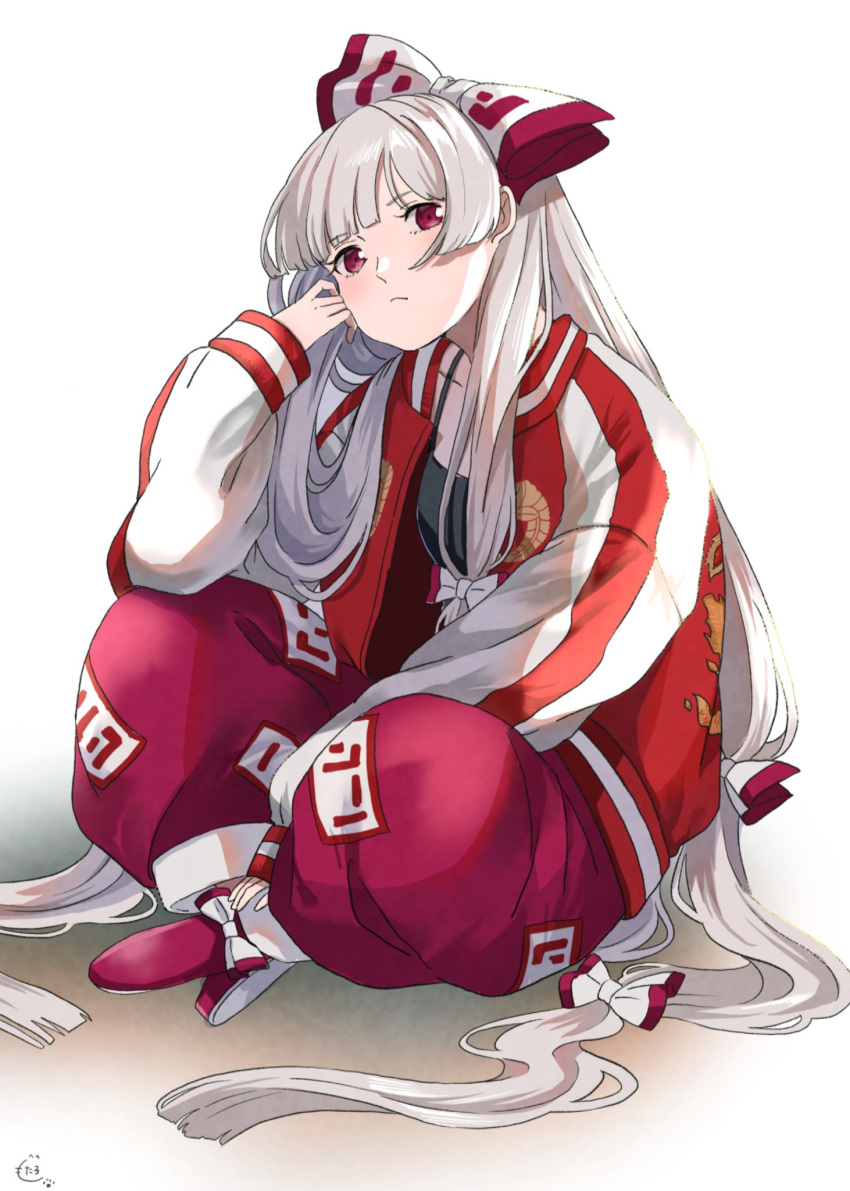 1girl baggy_pants black_camisole bow camisole commentary_request elbow_on_knee expressionless fujiwara_no_mokou full_body hair_bow hand_on_own_ankle hand_up highres indian_style jacket long_hair long_sleeves looking_at_viewer mokoiscat multiple_hair_bows ofuda ofuda_on_clothes on_ground open_clothes open_jacket pants red_bow red_eyes red_jacket red_pants sitting solo sukajan touhou two-tone_bow very_long_hair white_bow white_hair white_jacket