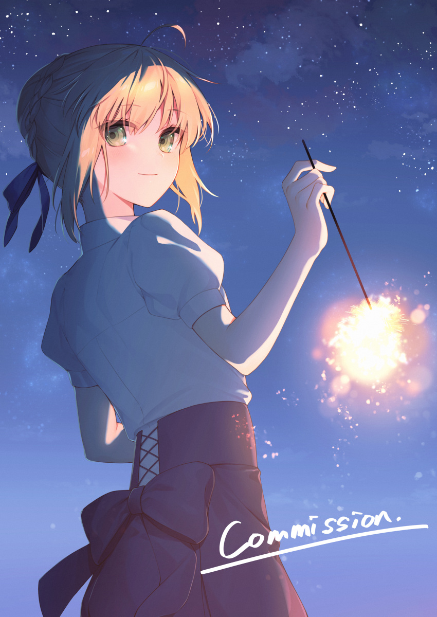 1girl absurdres ahoge artoria_pendragon_(fate) blonde_hair blue_bow blue_ribbon blue_skirt bow bow_skirt braid braided_bun commission cowboy_shot cross-laced_clothes cross-laced_skirt english_text fate/stay_night fate_(series) fireworks from_behind green_eyes hair_bun hair_ribbon hand_up highres holding_fireworks light_blush light_smile looking_at_viewer looking_back night night_sky nozawa_noko outdoors puffy_short_sleeves puffy_sleeves ribbon saber_(fate) shirt short_sleeves skeb_commission skirt sky solo sparkler star_(sky) white_shirt