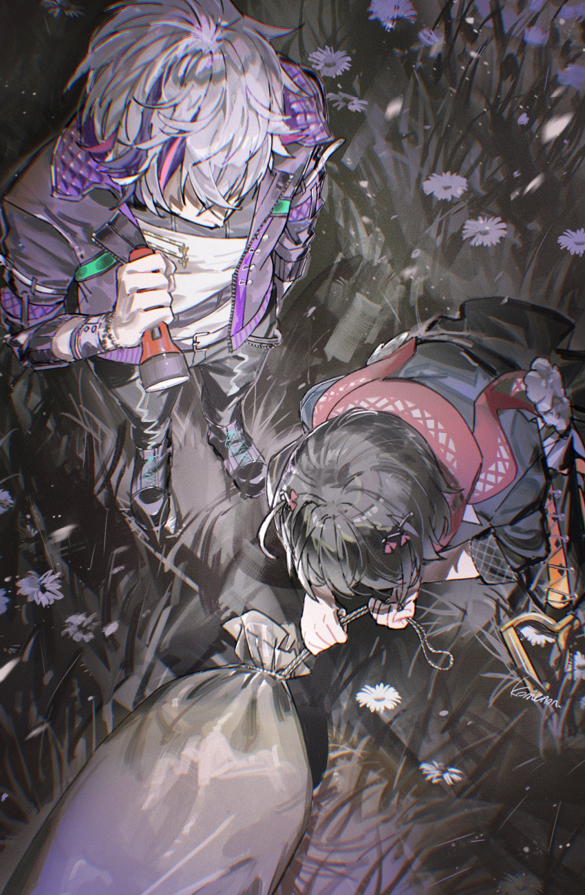 2boys absurdres bent_over black_coat black_hair black_jacket black_pants bracelet coat dragging facing_down field flashlight flower flower_field from_above fuwa_minato fuwa_minato_(1st_costume) grass grey_hair highres holding holding_flashlight holding_sack jacket jewelry kome_non light_particles male_focus mashiro_meme mashiro_meme_(1st_costume) multicolored_hair multiple_boys nijisanji open_clothes open_jacket outdoors pants purple_hair purple_jacket quilted_jacket red_scarf sack scarf shirt short_hair short_sleeves streaked_hair two_side_up virtual_youtuber white_flower white_shirt