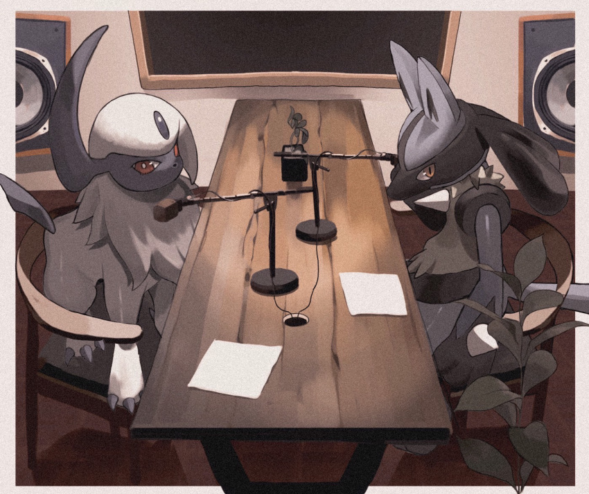 absol blue_fur border bright_pupils chair lucario microphone microphone_stand no_humans paper plant pokemon pokemon_(creature) red_eyes reo_(mmocc123) sitting table white_border white_fur white_pupils wooden_table