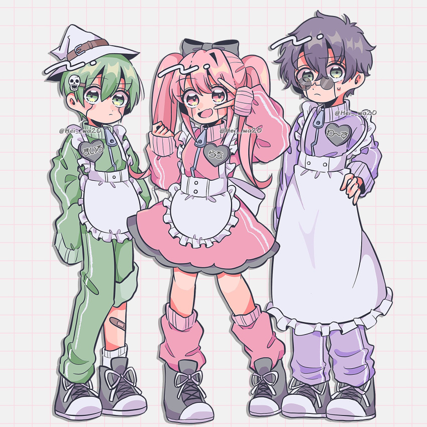 1girl 2boys apron full_body glasses green_eyes green_hair grey_footwear hat hei_wa20 highres jacket long_sleeves love_cute maid_apron mashle milo_genius multiple_boys pink_eyes pink_hair purple_eyes purple_hair round_eyewear shoes short_hair smile socks twintails v wirth_madl witch_hat