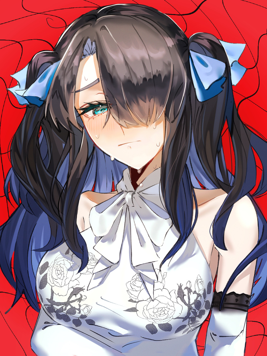 1boy black_hair blue_eyes blush breast_padding crossdressing detached_sleeves dress fate/grand_order fate_(series) floral_print fujimaru_ritsuka_(male) hair_over_one_eye hair_ribbon highres huo_ting long_hair official_alternate_costume ribbon sleeveless sleeveless_dress solo sweat twintails white_dress