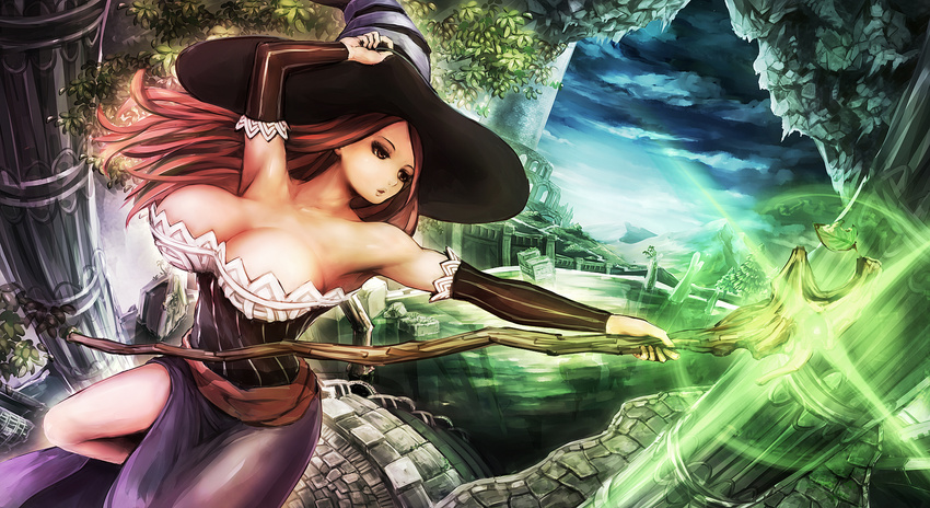 bare_shoulders breasts brown_hair cleavage detached_sleeves dragon's_crown dress hat highres large_breasts long_hair magic same_2009 solo sorceress_(dragon's_crown) strapless strapless_dress thighs witch_hat