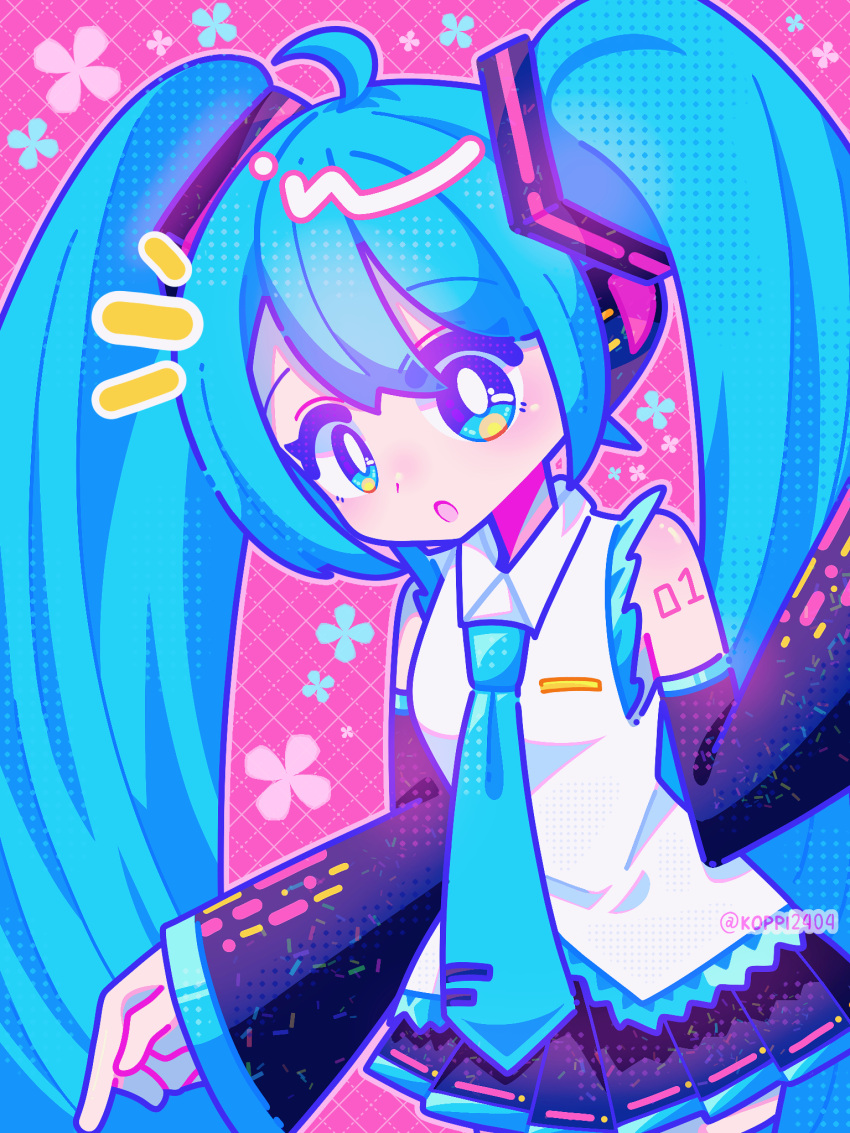 ahoge aqua_hair aqua_necktie artist_name detached_sleeves floral_background hair_between_eyes halftone halftone_texture hatsune_miku highres ibispaint_(medium) koppi2404 long_hair multicolored_eyes necktie notice_lines number_tattoo piapro pink_background pointing pop_art shirt tattoo thigh_peek twintails upper_body very_long_hair vocaloid white_shirt