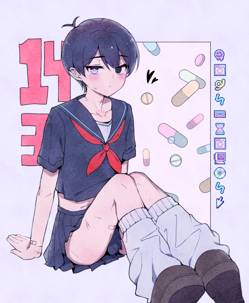 1boy arm_support black_eyes black_hair black_skirt brown_footwear collarbone crossdressing highres mechafrshrimp neckerchief omori pill pleated_skirt red_neckerchief school_uniform short_hair short_sleeves sitting skirt solo spoilers sunny_(omori) white_leg_warmers