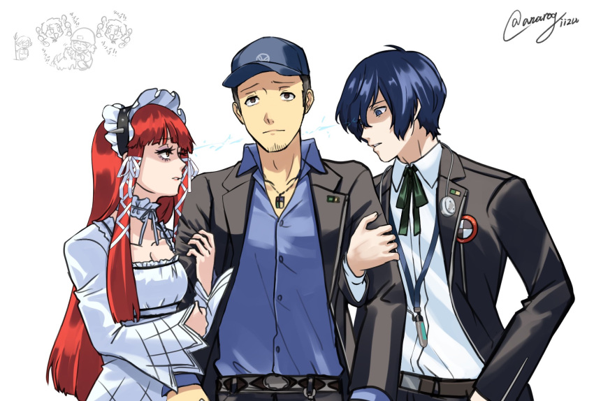 1girl 2boys amada_ken anarogiizu aragaki_shinjirou arm_hug baseball_cap black_jacket blue_hair blue_hat blue_shirt breasts collared_shirt dog dress eyelashes facial_hair gekkoukan_high_school_uniform hair_over_one_eye hat highres iori_junpei jacket jewelry koromaru_(persona) lightning_glare lolita_fashion long_hair love_triangle multiple_boys necklace parted_lips persona persona_3 red_hair sanada_akihiko school_uniform shirt simple_background stubble twitter_username white_background white_dress white_shirt yoshino_chidori yuuki_makoto_(persona_3)