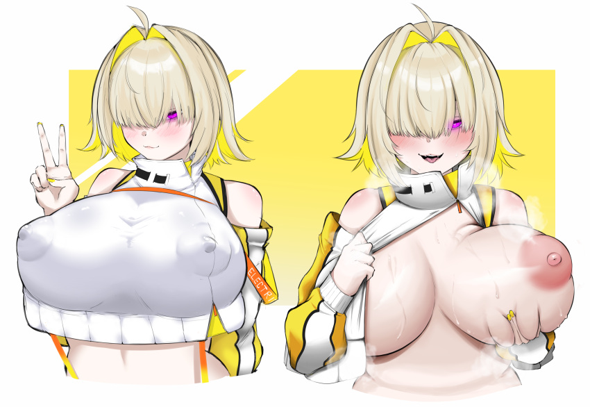 1girl absurdres ahoge breasts covered_nipples elegg_(nikke) goddess_of_victory:_nikke gokka03 grabbing_own_breast hair_intakes hair_over_eyes hand_up highres huge_breasts long_bangs nipples one_breast_out pink_eyes steaming_body v