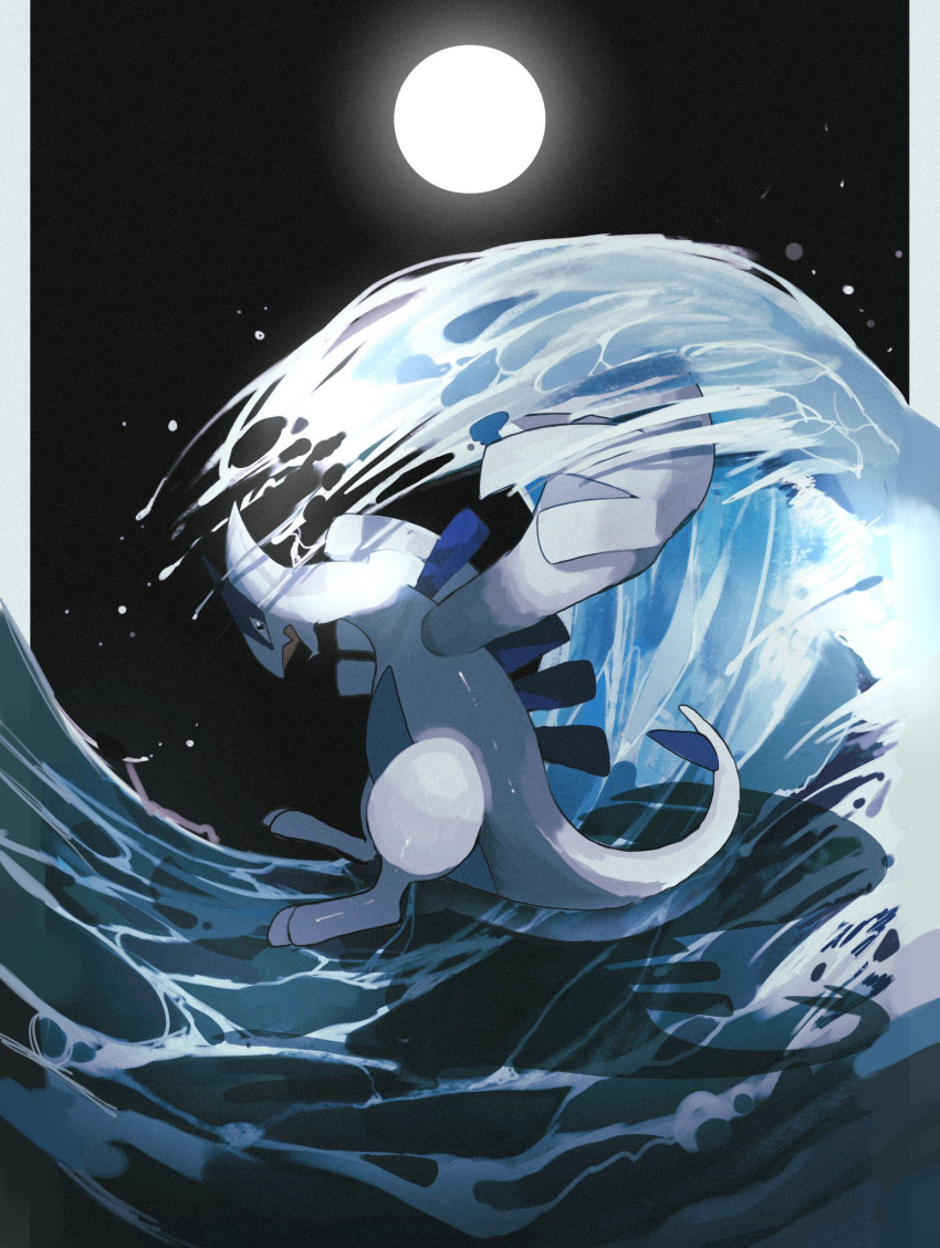 border from_side full_moon highres lugia moon moonlight no_humans ocean open_mouth outdoors pokemon pokemon_(creature) reo_(mmocc123) water white_border