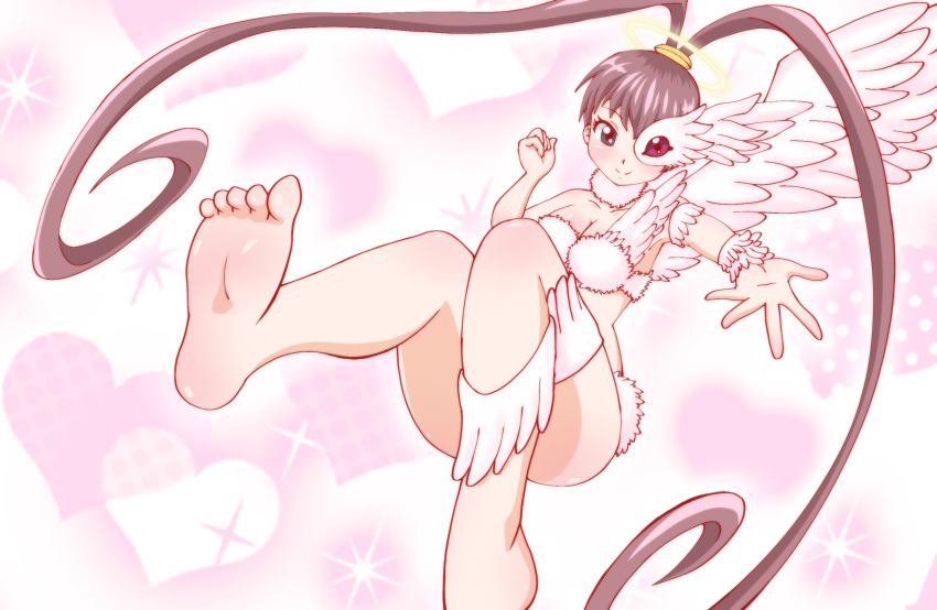 1girl alternate_breast_size amano_nene_(digimon_xros_wars) angel_wings armpits ass bare_shoulders barefoot bikini breasts brown_hair cleavage clenched_hand closed_mouth collar collarbone digimon digimon_(creature) digimon_xros_wars english_commentary feathered_wings feathers floating fur_bikini fur_collar giga-kunskap grey_hair hair_between_eyes halo heart heart_background heterochromia high_ponytail highres long_hair looking_at_viewer luminamon medium_breasts midriff pink_background purple_eyes single_wing smile solo split_ponytail swimsuit very_long_hair white_bikini white_collar white_fur wings