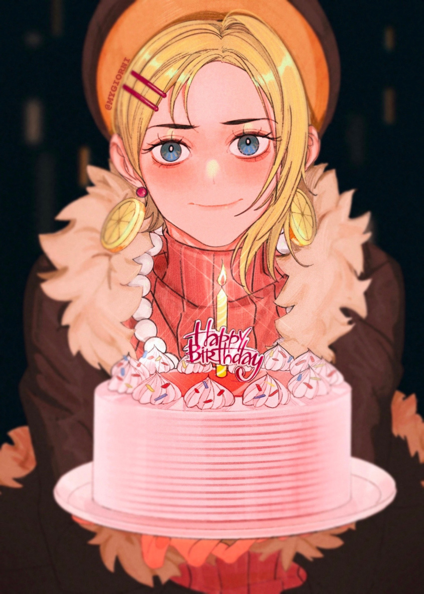 1girl blonde_hair cake candle candlelight coat commission dark_background earrings english_commentary food food-themed_earrings fur-trimmed_coat fur_trim happy_birthday hat highres holding holding_plate jewelry lemon_earrings looking_at_viewer makeup mascara miss_valentine mygiorni one_piece plate sidelocks smile solo strawberry_shortcake sweater turtleneck turtleneck_sweater upper_body vertical-striped_sweater