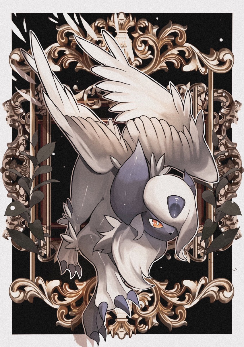 absol blue_fur border bright_pupils hair_over_one_eye highres mega_absol orange_eyes outline plant pokemon pokemon_(creature) reo_(mmocc123) white_border white_fur white_hair white_outline white_pupils white_wings wings