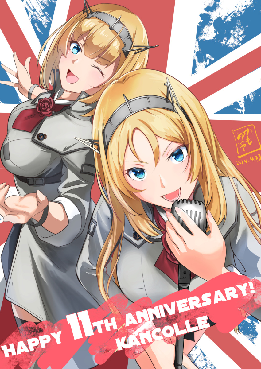 2girls anniversary ascot blonde_hair blue_eyes breasts copyright_name flower headgear highres holding holding_microphone_stand kamo_mayor kantai_collection large_breasts long_hair long_sleeves looking_at_viewer microphone_stand military_uniform multiple_girls neck_flower nelson_(kancolle) one_eye_closed red_ascot red_flower red_rose rodney_(kancolle) rose short_hair uniform