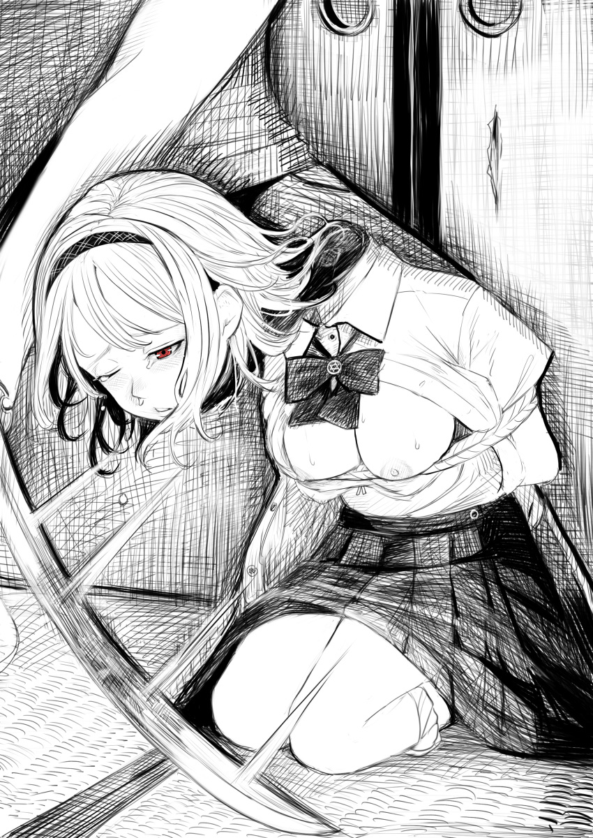 1girl absurdres bound bow bowtie breasts collared_shirt commentary_request crying crying_with_eyes_open decapitation disorder! dress_shirt execution fusuma greyscale hairband highres indoors medium_breasts monochrome nipples one_eye_closed open_clothes open_shirt original pleated_skirt red_eyes school_uniform seiza shirt short_hair sitting skirt sliding_doors snot solo_focus spot_color sweat tatami tears tied_up_(nonsexual) white_shirt