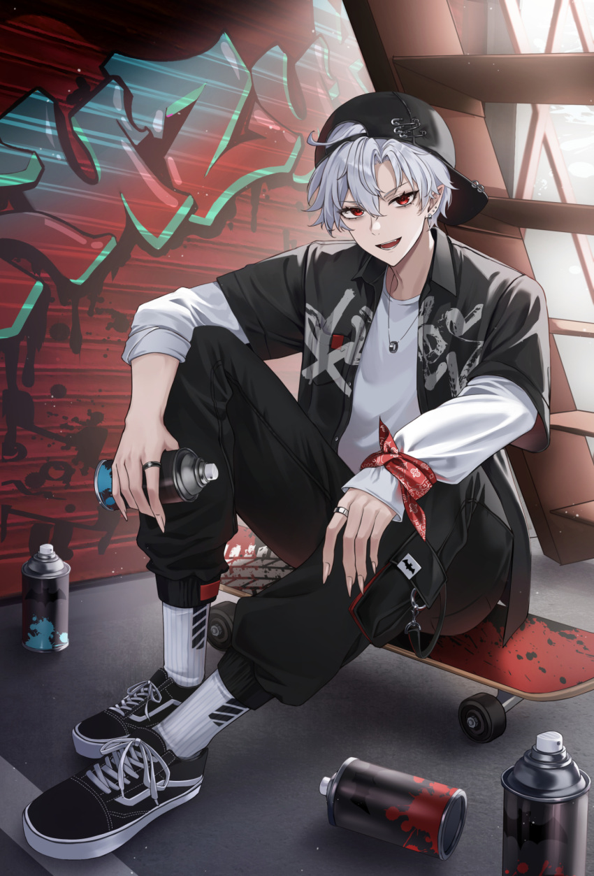 1boy alternate_costume asymmetrical_bangs backwards_hat baseball_bat black_footwear black_hat black_pants black_shirt breast_pocket can collared_shirt ear_piercing fang fingernails full_body graffiti hair_between_eyes hand_on_own_knee hat highres holding holding_can jewelry kuzuha_(nijisanji) light_particles light_rays looking_at_viewer mole mole_under_eye multiple_rings necklace nijisanji open_clothes open_mouth open_shirt pants piercing pocket pointy_ears pora_0918 print_shirt red_eyes ring sharp_fingernails shirt shirt_under_shirt shoes short_hair sitting skateboard sleeve_rolled_up sneakers socks spray_can stairs sunbeam sunlight tsurime v-shaped_eyebrows virtual_youtuber white_hair white_shirt white_socks