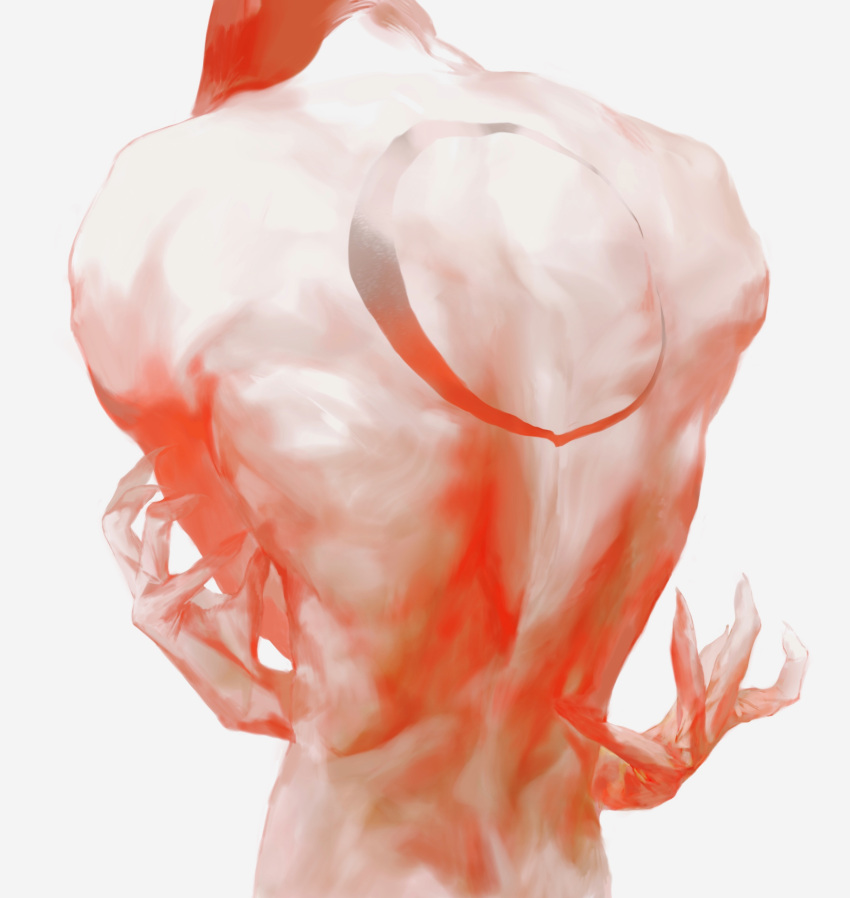 1boy absurdres back_tattoo bare_back claws commentary cowboy_shot crescent_tattoo crossed_arms gundong_dai highres long_hair male_focus nude red_hair red_theme simple_background solo symbol-only_commentary tattoo the_king_of_fighters toned toned_male white_background yagami_iori