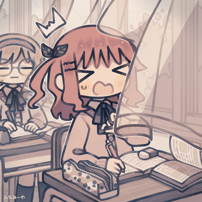 &gt;_&lt; 2girls ^^^ black_ribbon black_socks blush book brown_cardigan brown_hair cardigan classroom closed_eyes commentary_request day desk eraser floating_curtains frown futami_ya glasses hair_ornament hairclip hand_up highres holding holding_pencil indoors kneehighs long_hair long_sleeves mechanical_pencil multiple_girls neck_ribbon on_chair one_side_up open_book open_mouth open_window original pencil pencil_case red_hair ribbon round_eyewear school school_desk see-through_curtains short_hair sidelocks sitting socks wavy_mouth wind window