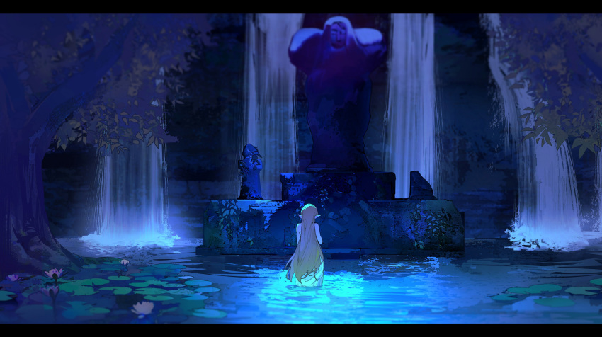 1girl absurdres blonde_hair dark dress flower from_behind highres letterboxed long_hair lotus lotus_leaf outdoors pink_flower pointy_ears pond princess_zelda solo statue the_legend_of_zelda the_legend_of_zelda:_breath_of_the_wild tree very_long_hair wading water waterfall white_dress yuno_11_02