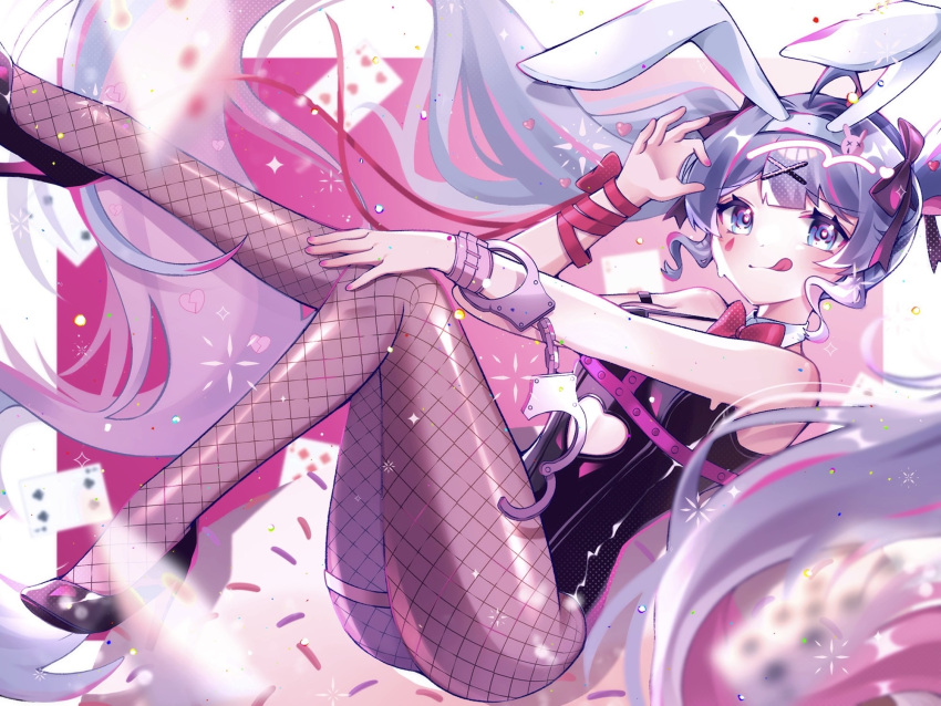 1girl absurdly_long_hair animal_ears bare_shoulders black_footwear black_leotard blue_eyes blurry blurry_foreground card closed_mouth commentary cuffs facial_hair fake_animal_ears fishnet_pantyhose fishnets foot_out_of_frame grey_hair hair_ornament handcuffs hatsune_miku heart heart-shaped_eyes high_heels highres leotard long_hair looking_at_viewer minoya multicolored_hair nail_polish pantyhose pink_hair pink_nails playboy_bunny playing_card rabbit_ears rabbit_hole_(vocaloid) smile solo streaked_hair teardrop_facial_mark tongue tongue_out twintails very_long_hair vocaloid x_hair_ornament