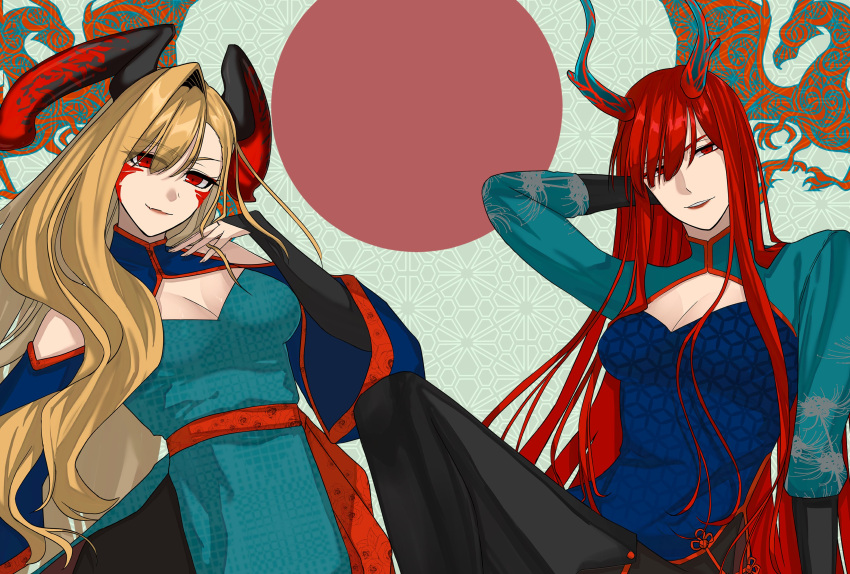 2girls absurdres black_horns blonde_hair breasts china_dress chinese_clothes cleavage_cutout clothing_cutout dragon_horns dragon_print dress facial_mark fate/grand_order fate_(series) hair_over_one_eye highres hiyoko_no_tamago horns large_breasts long_hair long_horns looking_at_viewer multiple_girls nero_claudius_(fate) oda_nobunaga_(fate) oda_nobunaga_(maou_avenger)_(fate) print_dress queen_draco_(fate) queen_draco_(third_ascension)_(fate) red_eyes red_hair red_scales scales smile very_long_hair wavy_hair