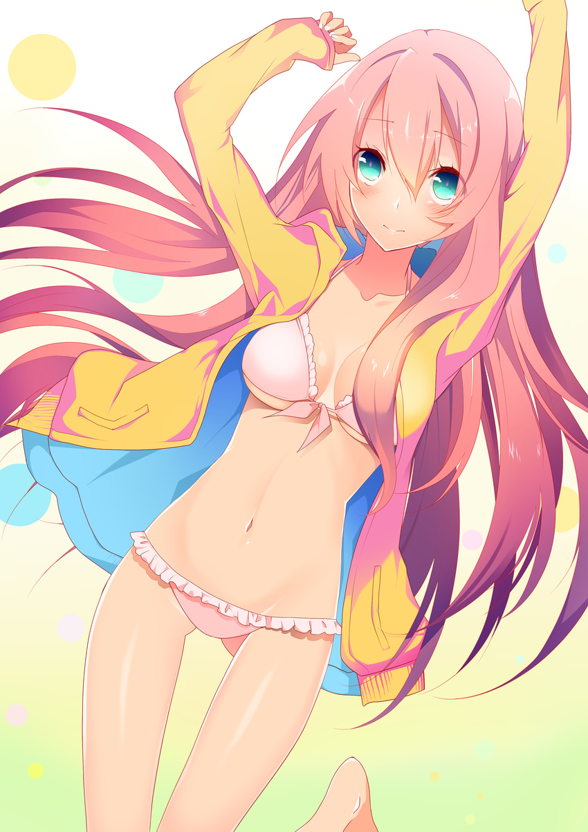 absurdres arms_up barefoot bikini blue_eyes breasts cleavage collarbone eyebrows eyebrows_visible_through_hair frilled_bikini frills front-tie_bikini front-tie_top groin hair_between_eyes highres jacket leg_up long_hair looking_at_viewer medium_breasts megurine_luka navel open_clothes open_jacket pink_bikini pink_hair shiny shiny_skin solo swimsuit temari_(deae) underboob vocaloid yellow_jacket