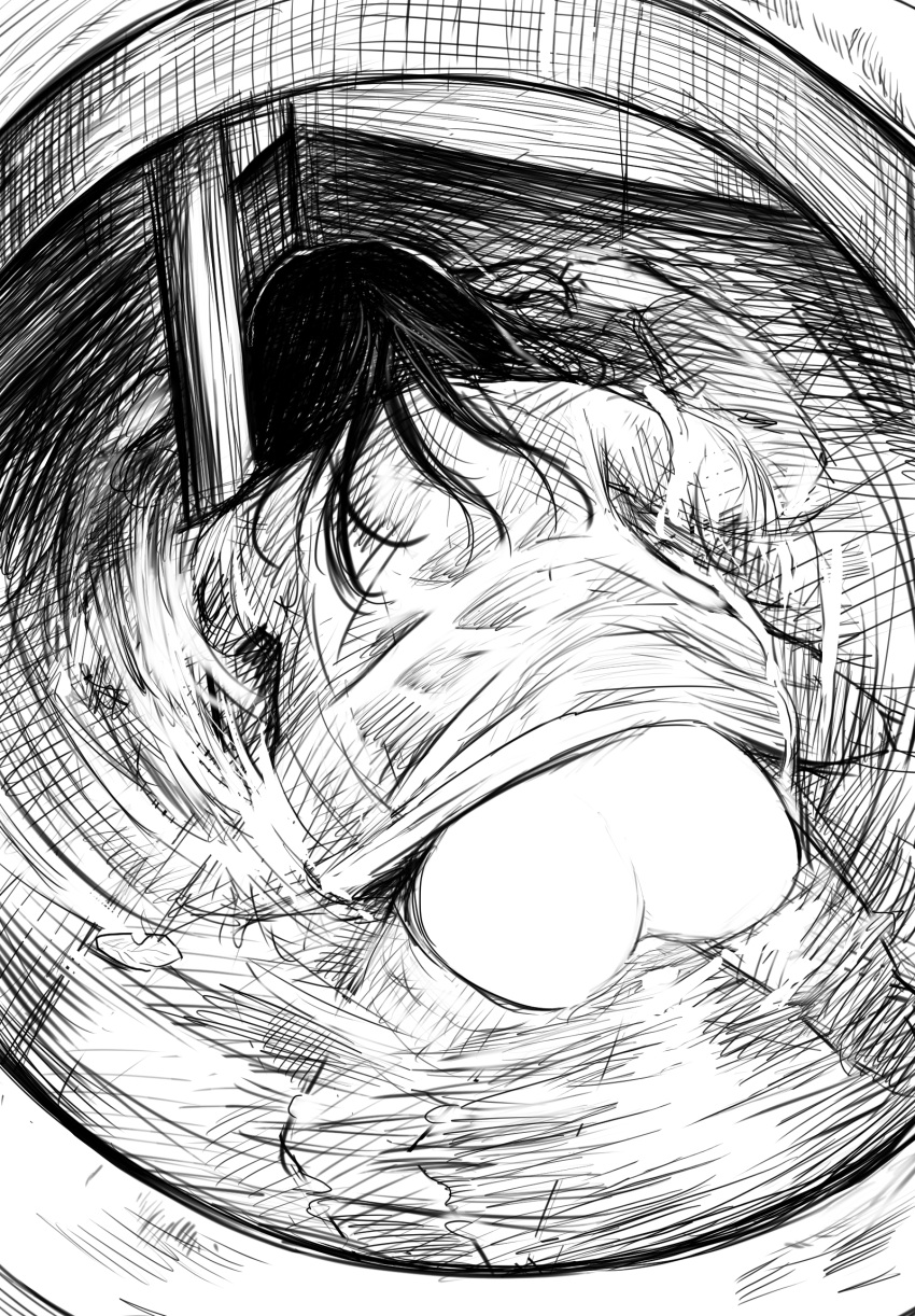 1girl asphyxiation ass bottomless commentary_request disorder! drowning floating from_behind greyscale highres long_hair monochrome open_clothes original solo water