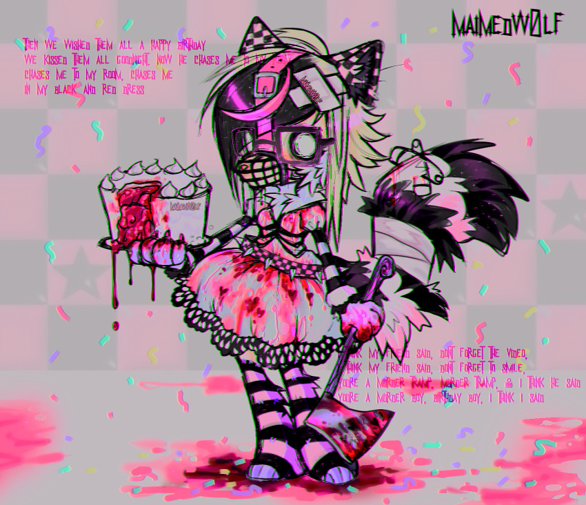 2023 abstract_background alternative_fashion anthro axe biped birthday blood bodily_fluids cake canid canine canis clothing dessert emo english_text feet female fluffy fluffy_tail food glamfur gore guro_lolita hi_res holding_axe holding_cake holding_food holding_object j-fashion legwear lolita_(fashion) lyrics maimedwolf mammal muzzle_(object) pattern_clothing pattern_legwear paws safety_pin scene_(fashion) scene_haircut solo standing striped_clothing striped_legwear stripes tail text the_birthday_massacre wolf