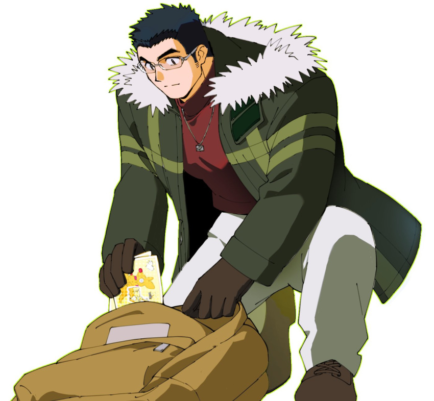 1boy alternate_costume backpack bag bara black_hair coat colorized creature facial_hair full_body glasses highres light_smile male_focus motoori_shiro muscular muscular_male pectorals red_theme rimless_eyewear short_hair sideburns_stubble solo squatting stubble thick_eyebrows tokyo_afterschool_summoners tyou winter_clothes