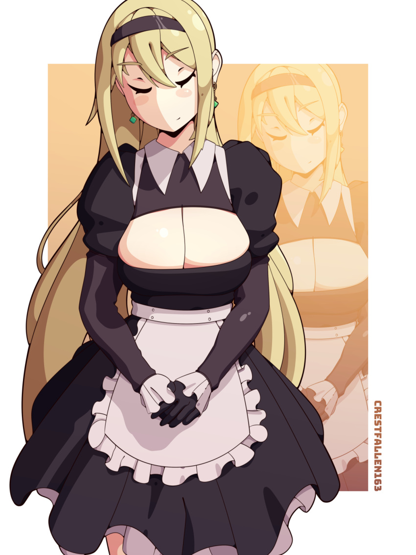 alternate_costume apron artist_name black_gloves black_skirt blonde_hair breasts cleavage cleavage_cutout closed_eyes clothing_cutout crestfallen163 dress earrings frilled_apron frilled_dress frills girls'_frontline gloves headband highres jewelry large_breasts light_smile long_hair m1_garand_(girls'_frontline) maid maid_apron self-upload skirt yellow_background