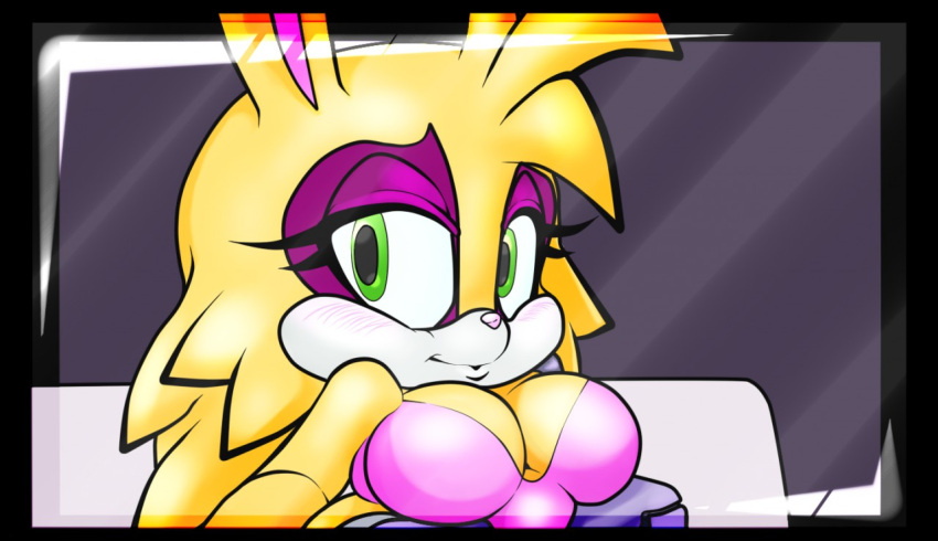 anthro archie_comics big_breasts blush breasts bunnie_rabbot cybernetic_arm cybernetic_limb cybernetics eyelashes eyeshadow female fur green_eyes lagomorph leporid machine makeup mammal purple_eyeshadow rabbit raccoonshinobi sega slightly_chubby slightly_chubby_female smile solo sonic_the_hedgehog_(archie) sonic_the_hedgehog_(comics) sonic_the_hedgehog_(series) yellow_body yellow_fur