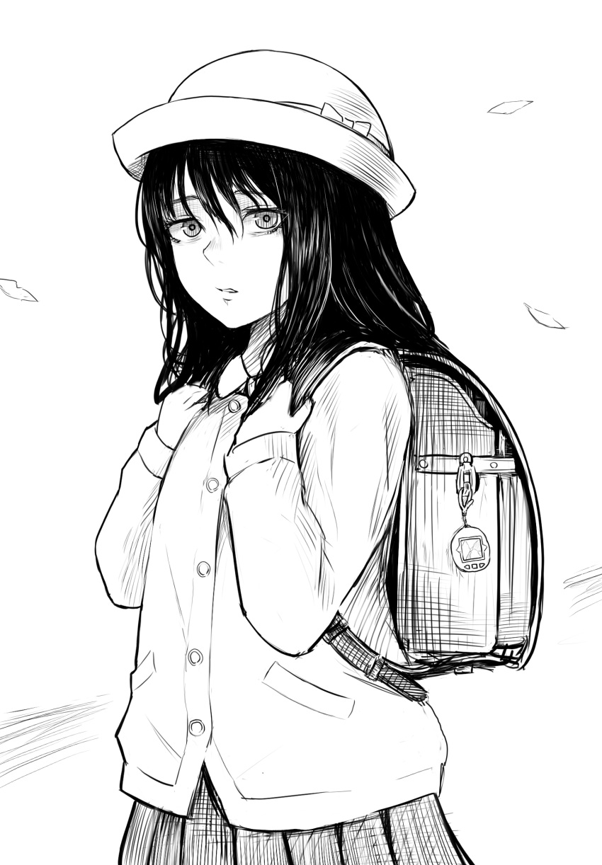 1girl backpack bag cardigan commentary_request cowboy_shot crime_prevention_buzzer disorder! greyscale hat highres long_hair looking_at_viewer monochrome original parted_lips pleated_skirt randoseru school_uniform skirt solo