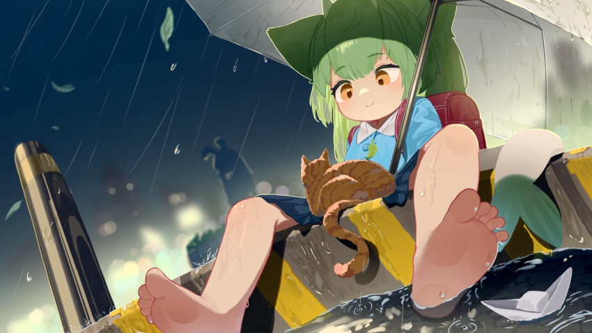 1girl backpack bag barefoot cat feet fins fish_tail foot_focus green_hair highres jewelry kindergarten_uniform leaf long_hair night original pendant rain smile tail umbrella water_drop wet xiaotsihasiha yellow_eyes