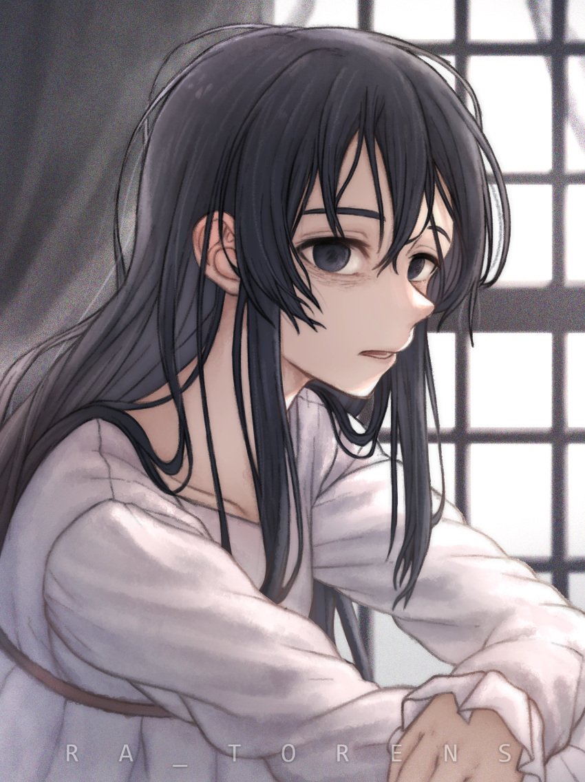 1girl absurdres artist_name black_eyes black_hair highres indoors messy_hair mushoku_tensei nanahoshi_shizuka nightgown open_mouth ra_torens solo white_nightgown window