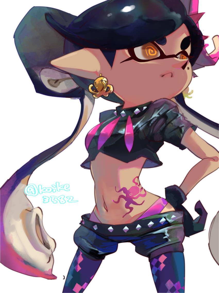 1girl @_@ absurdres animal_earrings belt black_belt black_collar black_gloves black_hair black_shirt black_shorts blue_pantyhose bow-shaped_hair breasts callie_(splatoon) closed_mouth collar cowboy_shot crop_top earrings food food_on_head frown gloves gradient_hair highleg highleg_panties highres inkling jewelry koike3582 long_hair medium_breasts mole mole_under_eye multicolored_hair navel object_on_head octopus_earrings octopus_tattoo official_alternate_costume orange_eyes panties pantyhose pantyhose_under_shorts pink_hair pink_panties pointy_ears puffy_shorts shirt short_sleeves shorts simple_background solo splatoon_(series) splatoon_2 stomach_tattoo studded_belt studded_collar tattoo tentacle_hair twitter_username two-tone_hair underwear very_long_hair white_background