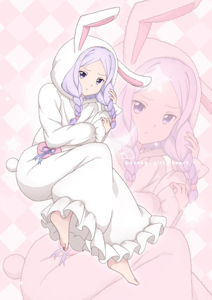 1girl absurdres alternate_costume animal_ears barefoot blue_ribbon braid chinese_commentary commentary_request english_text fake_animal_ears fake_tail full_body grid_background highres long_sleeves looking_at_viewer onesie pajamas peri_(qq2748089832) pink_background playing_with_hair playing_with_own_hair pout purple_eyes purple_hair quinella rabbit rabbit_ears rabbit_pajamas rabbit_tail recurring_image ribbon short_hair_with_long_locks solo star_(symbol) sword_art_online tail twin_braids white_pajamas