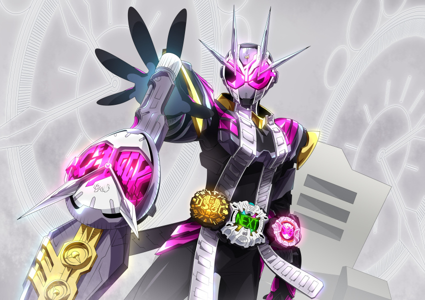 1boy absurdres alternate_costume armor black_armor black_bodysuit bodysuit clock_hands compound_eyes gloves highres horns kamen_rider kamen_rider_zi-o kamen_rider_zi-o_(series) kamen_rider_zi-o_ii male_focus multiple_horns official_alternate_costume otokamu pink_eyes pink_gloves planted planted_sword solo sword weapon zikan_girade ziku_driver